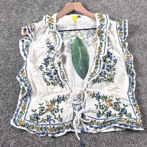Farm Rio Floral Emilia Print Embroidery Lace Up Ruffle Blouse Blue White XL NEW